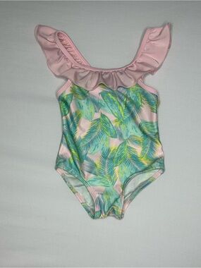 Floatimini Pink One-Piece Swimsuit with Green Leaf Print and Ruffle Shoulder